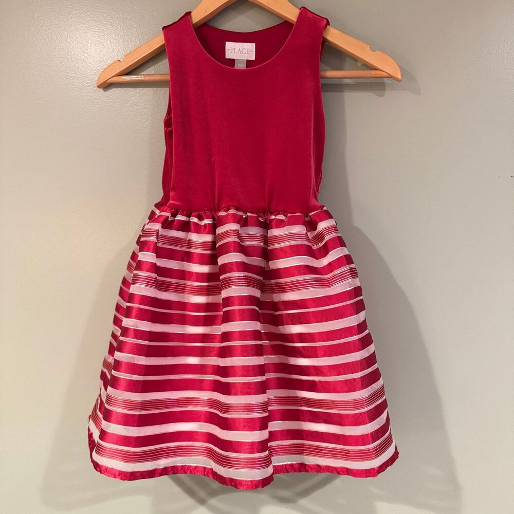 Childrens Place Red Velvet Striped Holiday Tutu Dress S 5-6 Sparkly Christmas EC